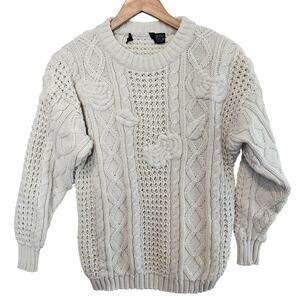 Vintage Cable Knit Sweater Womens Medium 90s White Cottage Pullover Academia
